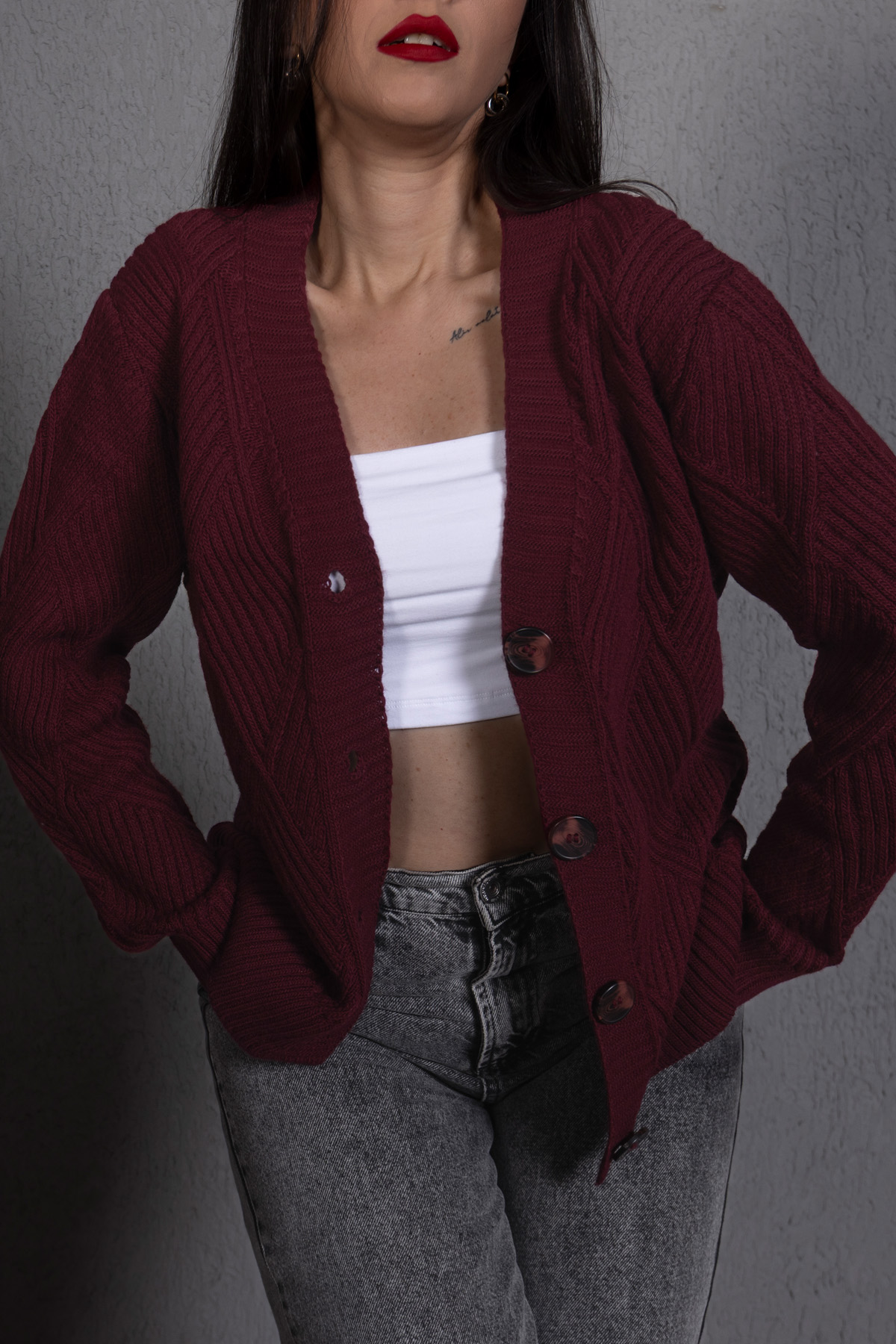 Yürütme Fitil Desenli Kadın Triko Hırka Bordo