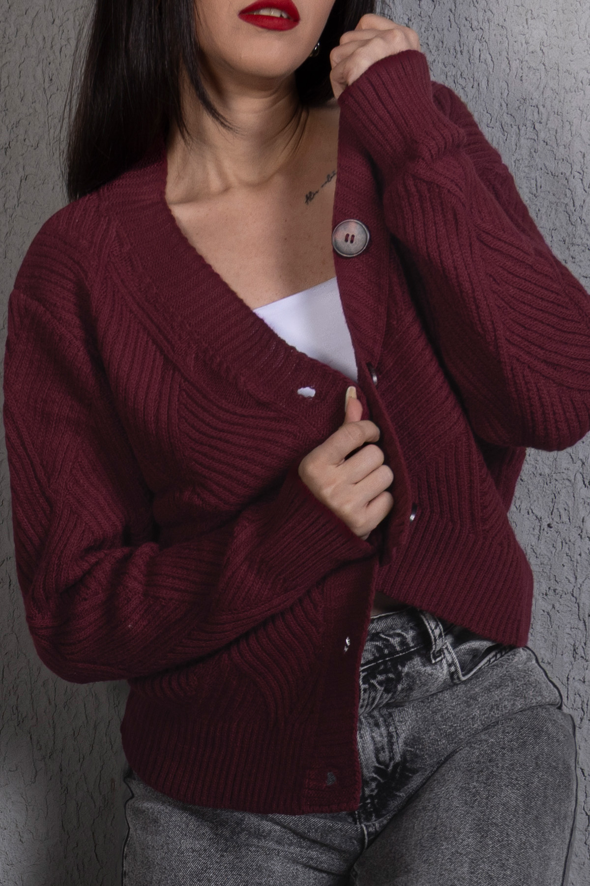 Yürütme Fitil Desenli Kadın Triko Hırka Bordo