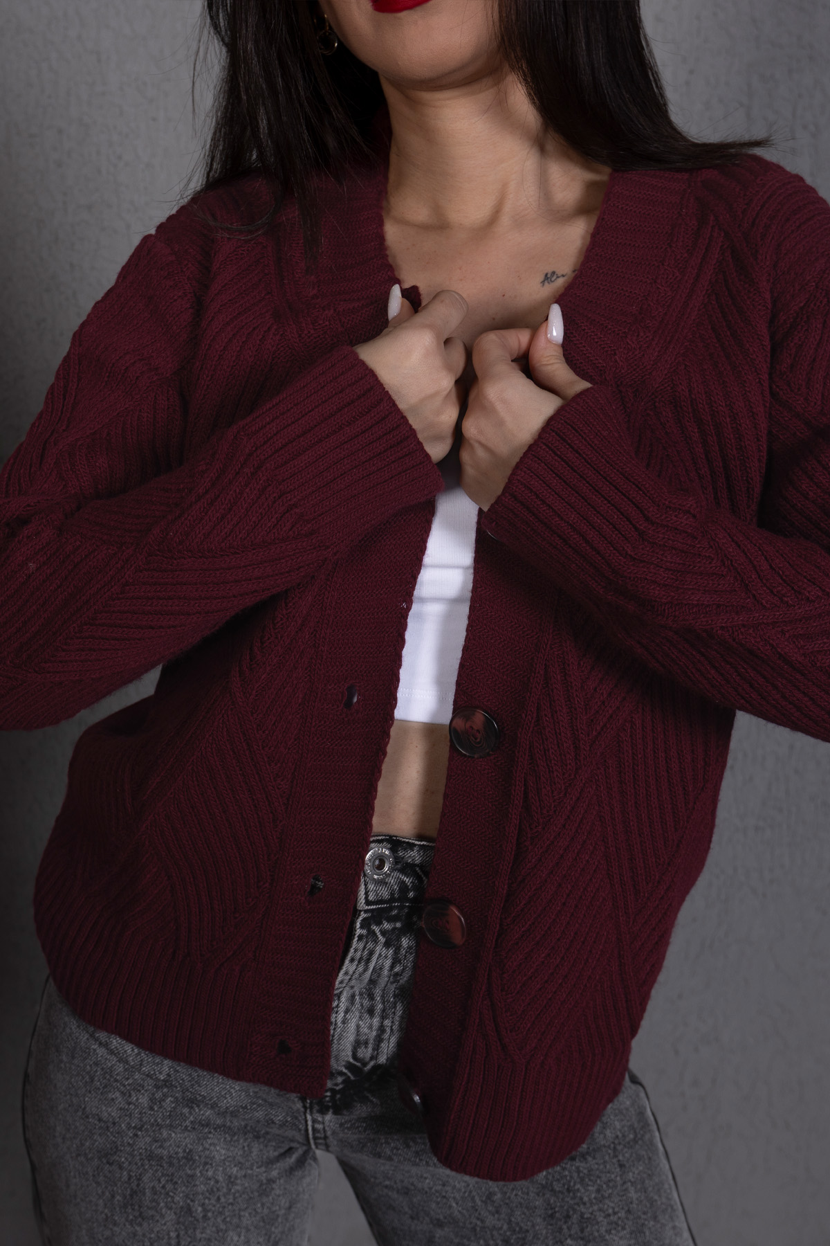 Yürütme Fitil Desenli Kadın Triko Hırka Bordo