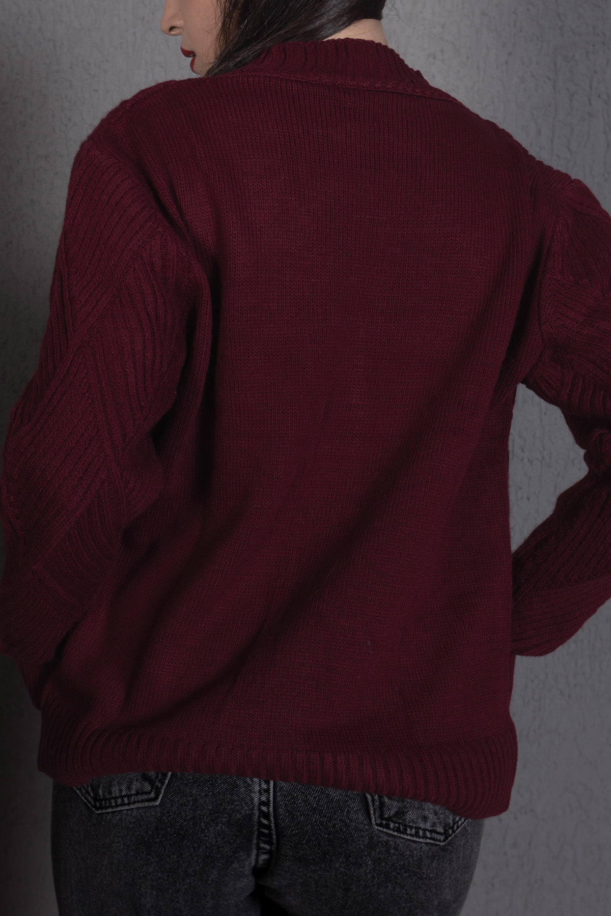 Yürütme Fitil Desenli Kadın Triko Hırka Bordo