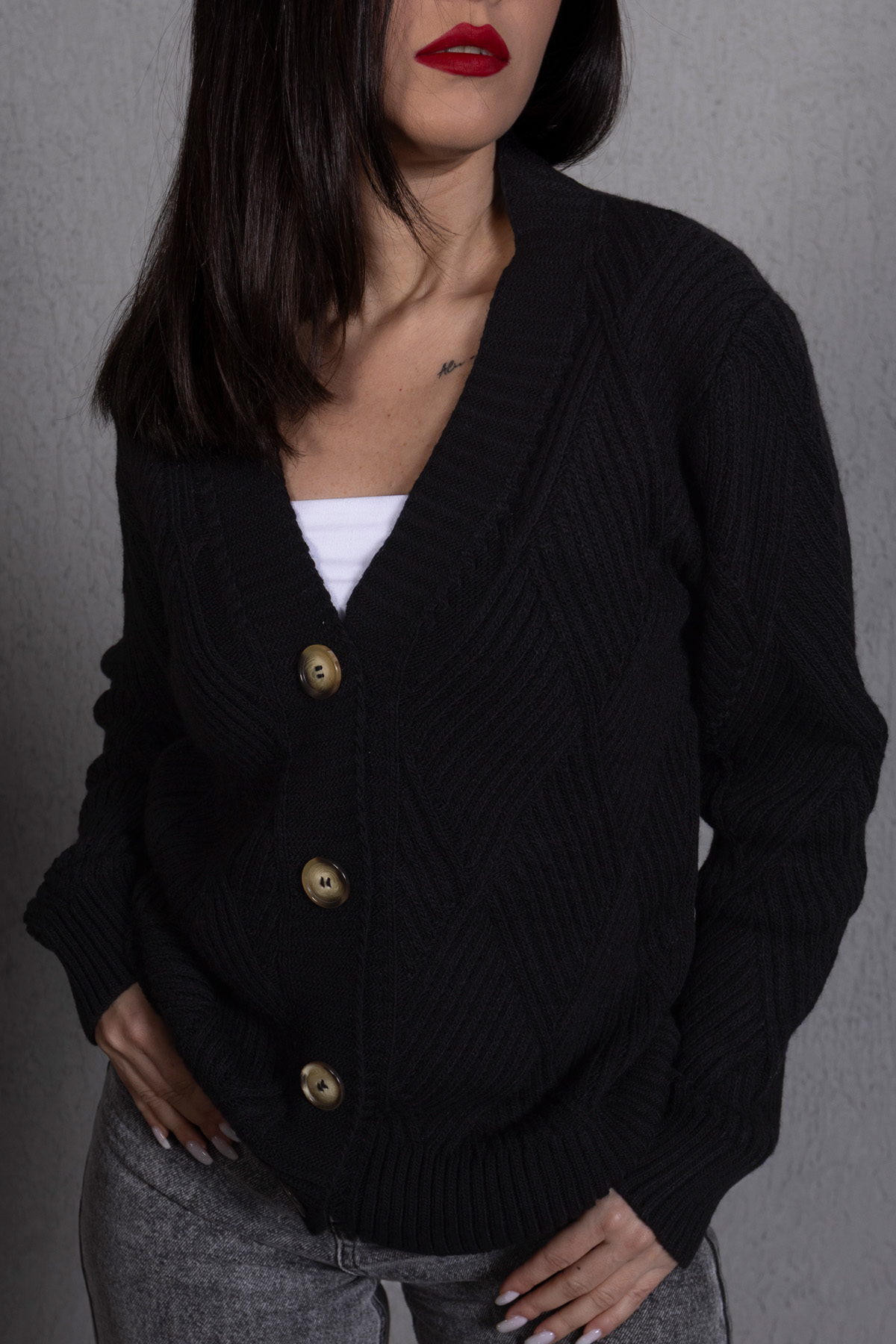 Yürütme Fitil Desenli Kadın Triko Hırka Siyah