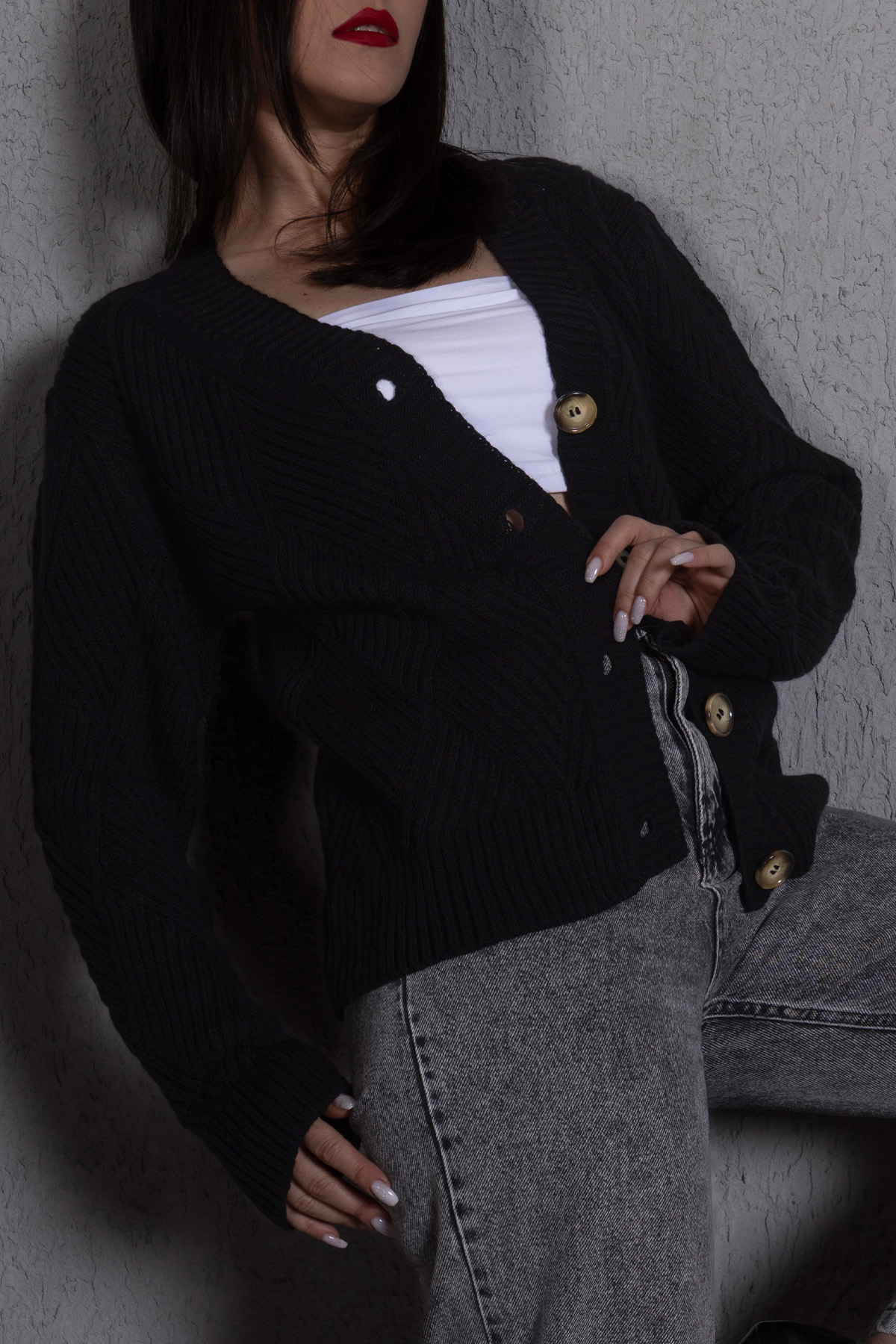 Yürütme Fitil Desenli Kadın Triko Hırka Siyah