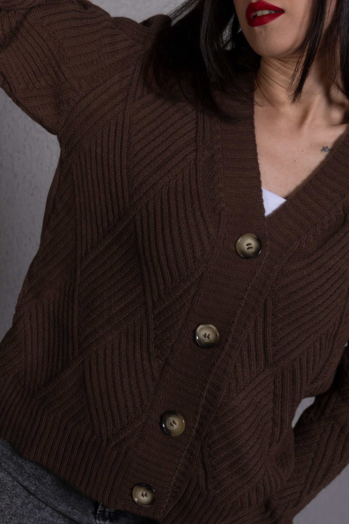 Yürütme Fitil Desenli Kadın Triko Hırka Kahverengi