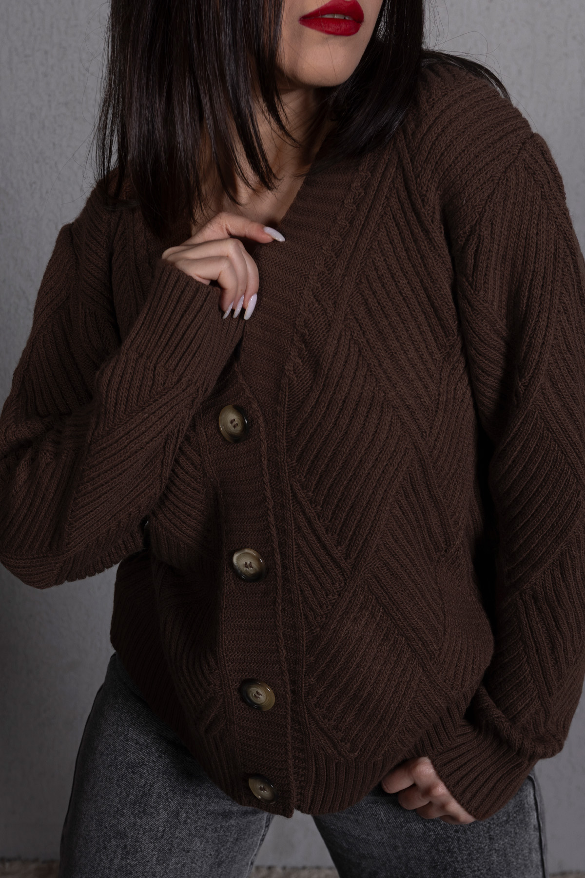 Yürütme Fitil Desenli Kadın Triko Hırka Kahverengi