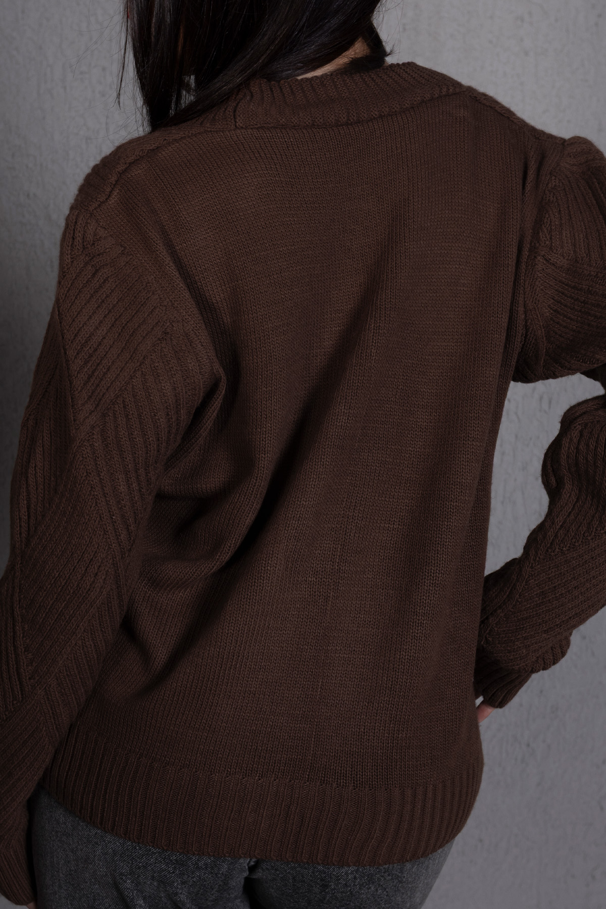 Yürütme Fitil Desenli Kadın Triko Hırka Kahverengi