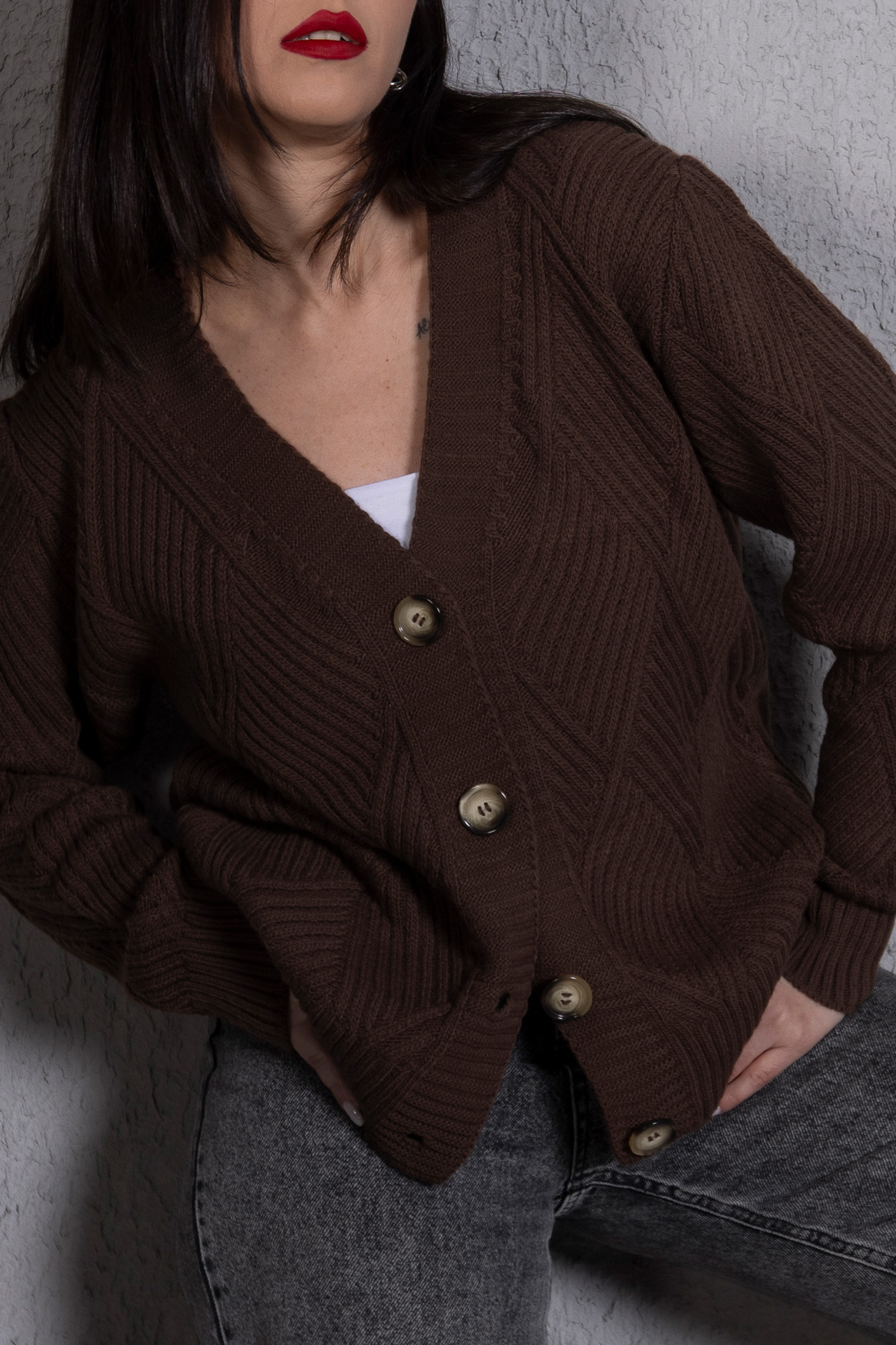 Yürütme Fitil Desenli Kadın Triko Hırka Kahverengi